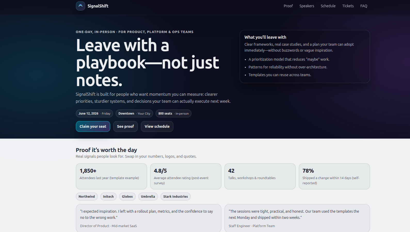 Screenshot of event landing template