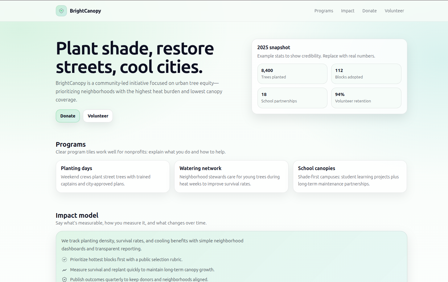 Screenshot of nonprofit landing template