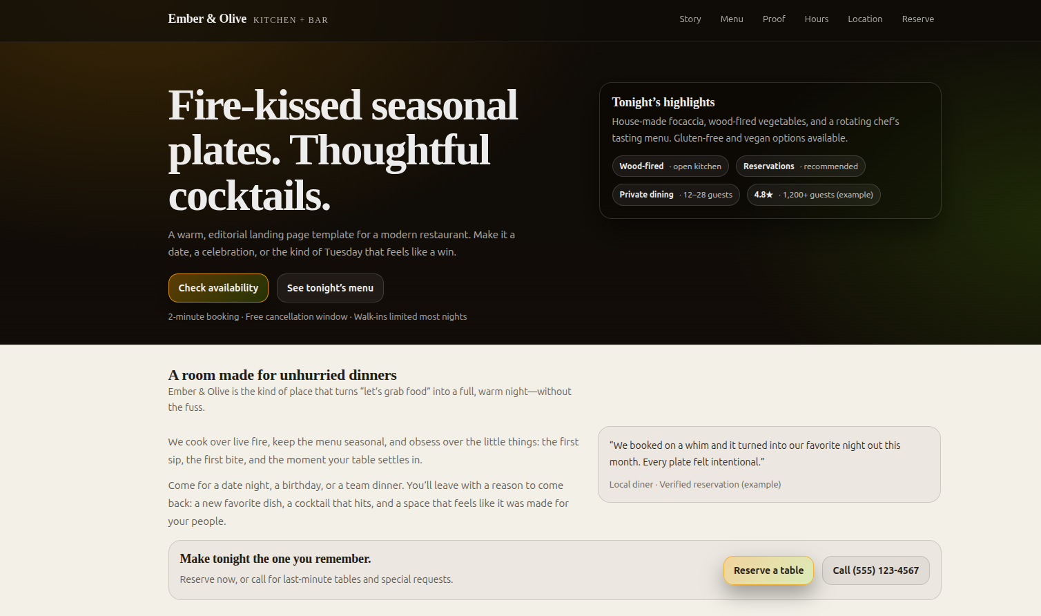Screenshot of restaurant landing template